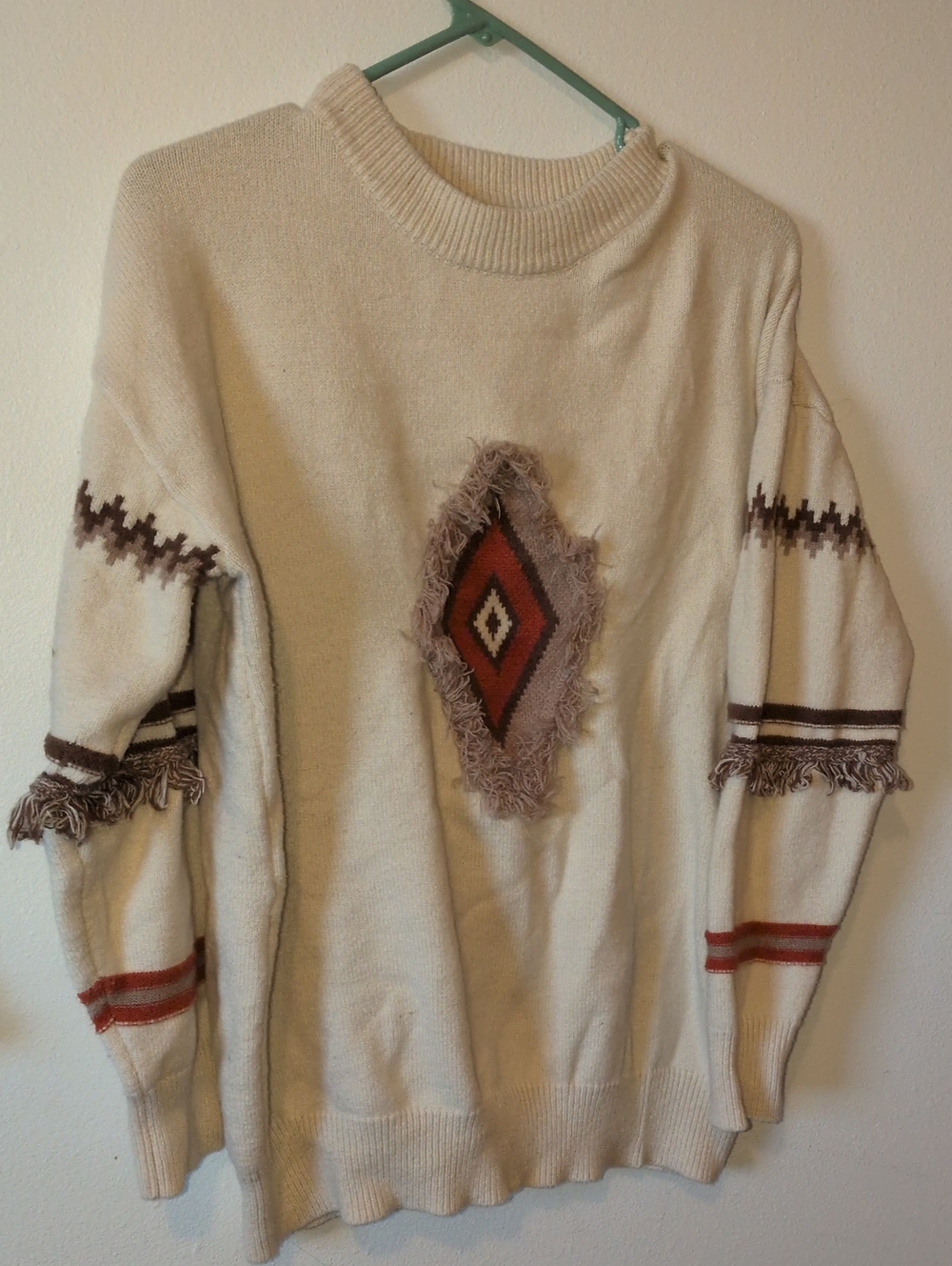 Cream Southwestern Fringe Crewneck Sweater
